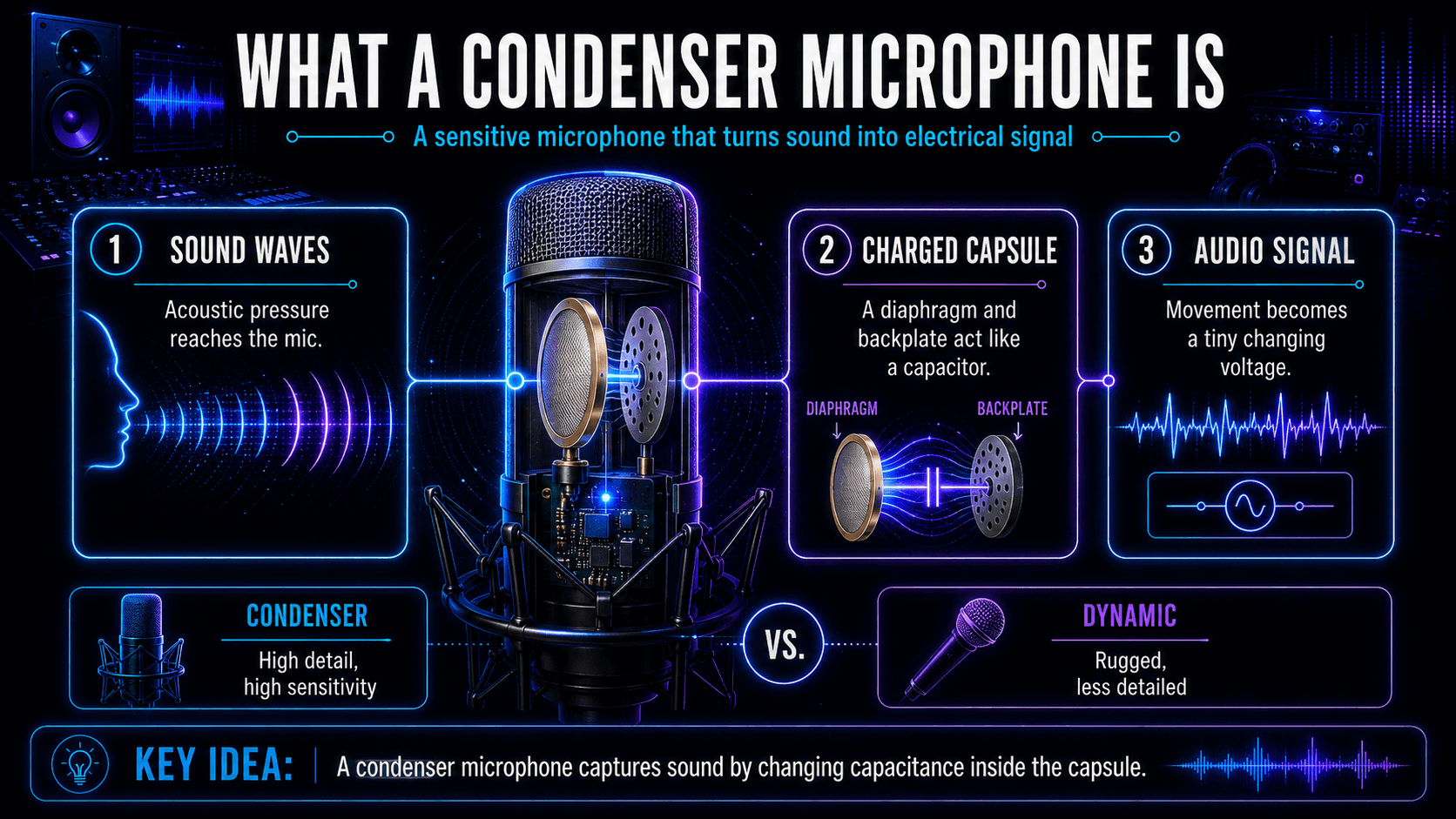 Diagram showing sound waves moving a condenser microphone diaphragm to create a changing electrical audio signal.