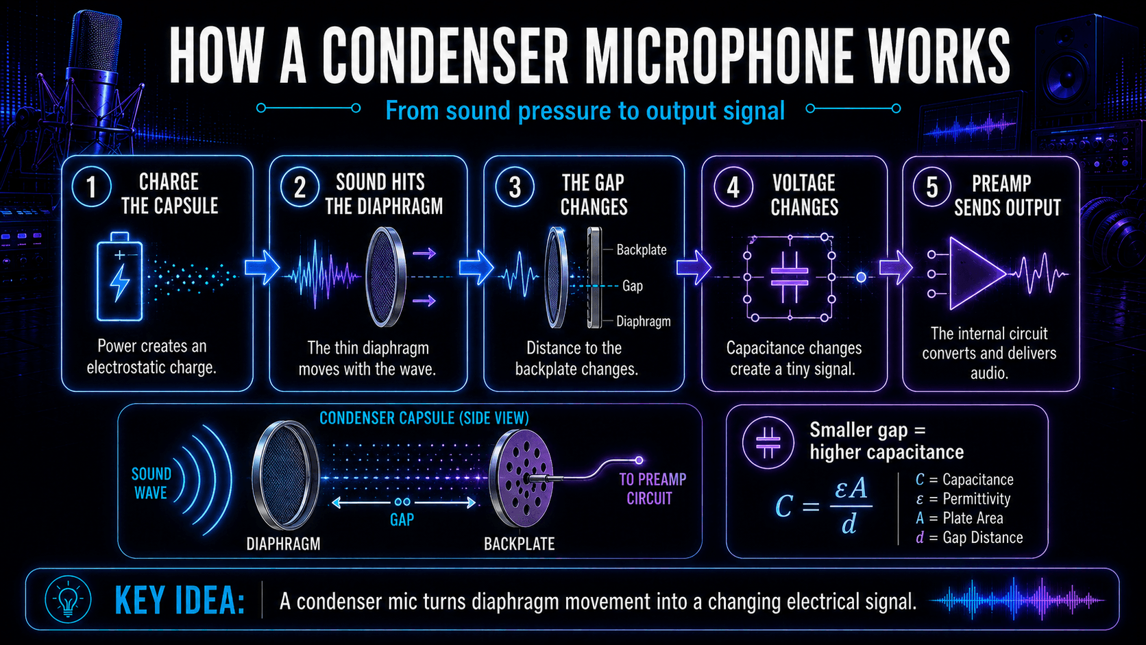 Five-step infographic explaining how capsule charge, diaphragm movement, changing capacitance, and internal electronics produce audio.