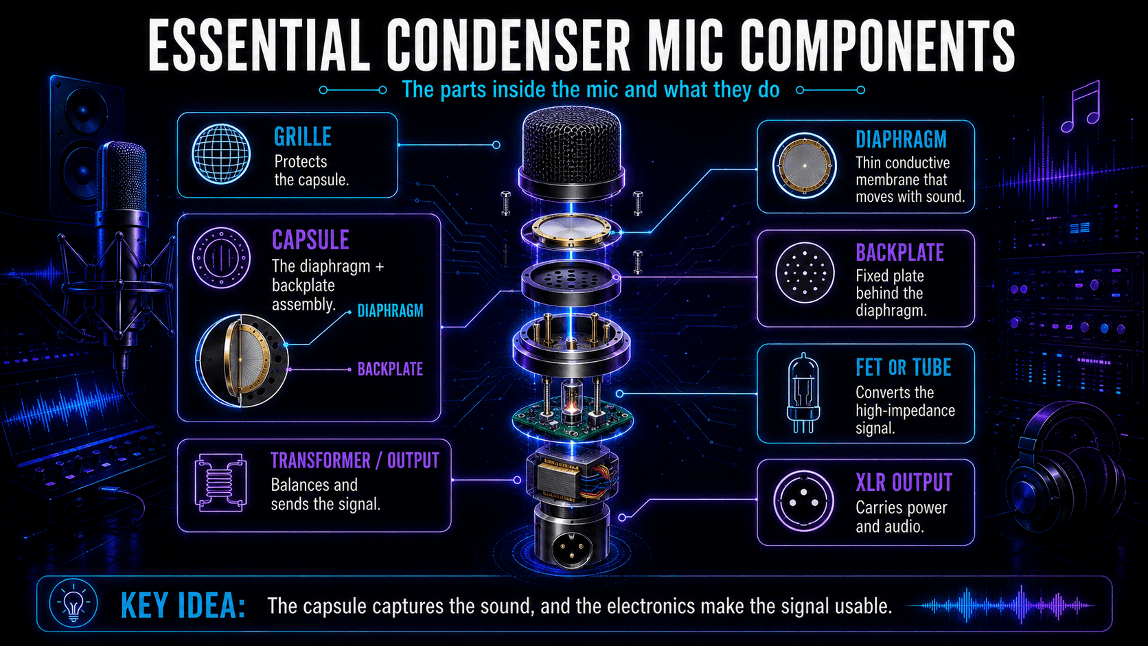 Exploded condenser microphone diagram labeling the grille, diaphragm, backplate, capsule, impedance converter, transformer, and XLR output.