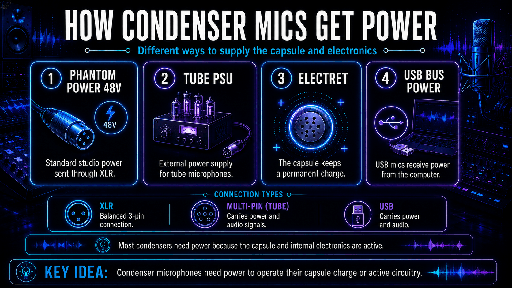 Comparison of condenser microphone power options including 48V phantom power, tube power supplies, electret capsules, and USB power.