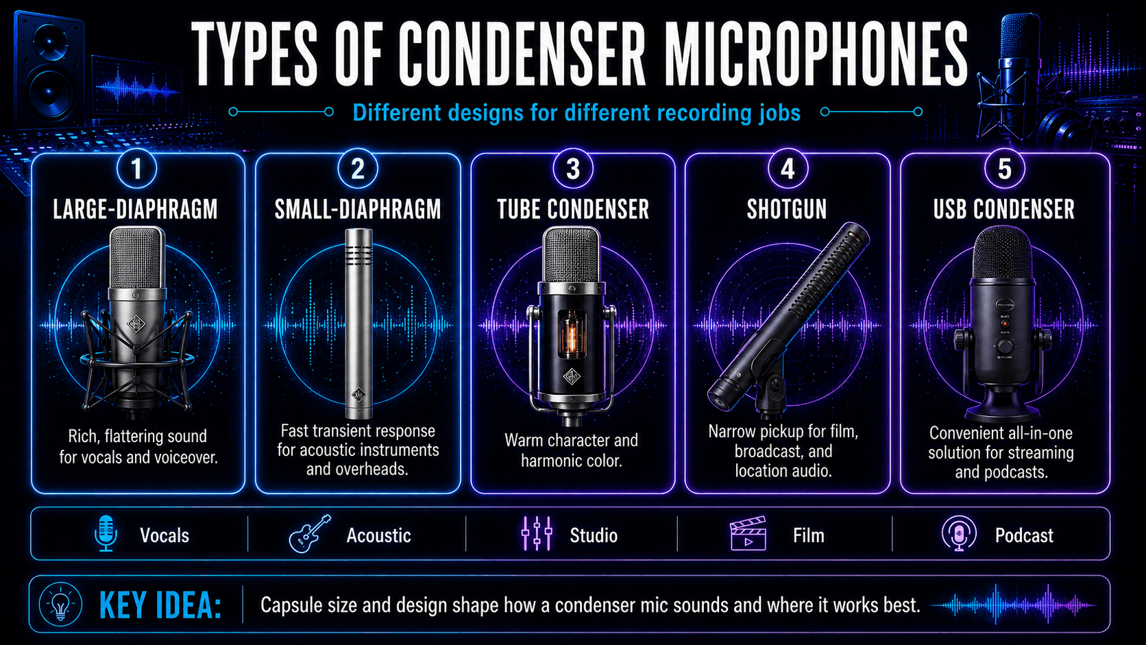 Comparison of large-diaphragm, small-diaphragm, tube, shotgun, and USB condenser microphones with their typical uses.