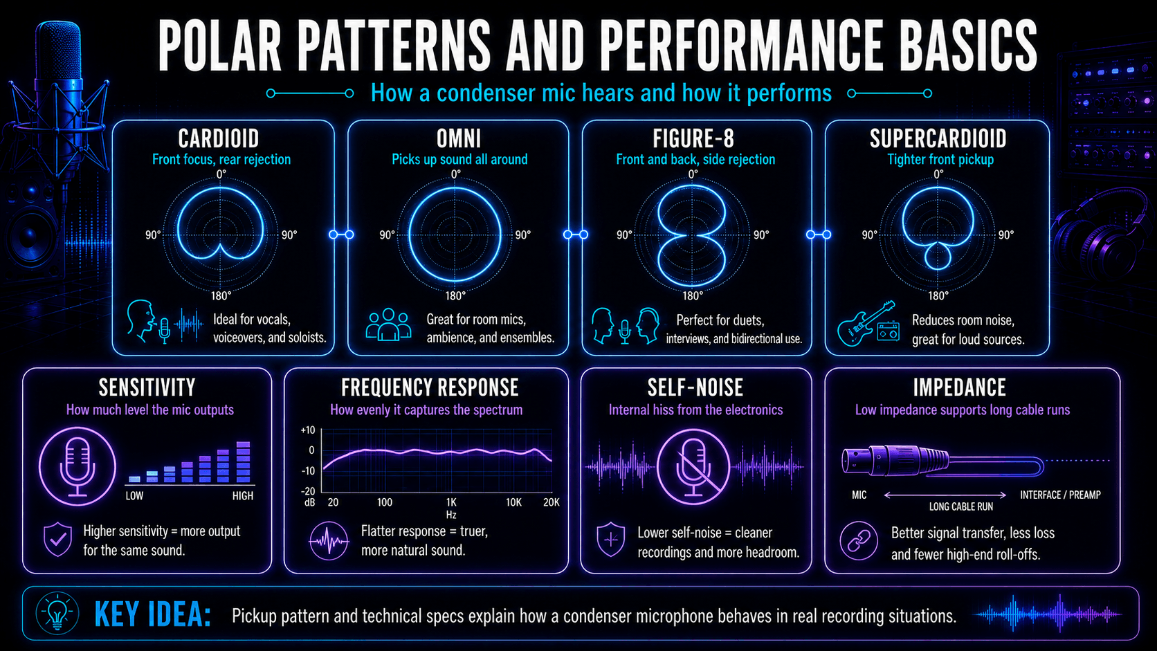 Condenser microphone infographic comparing cardioid, omnidirectional, figure-eight, and supercardioid patterns with sensitivity, frequency response, self-noise, and impedance.