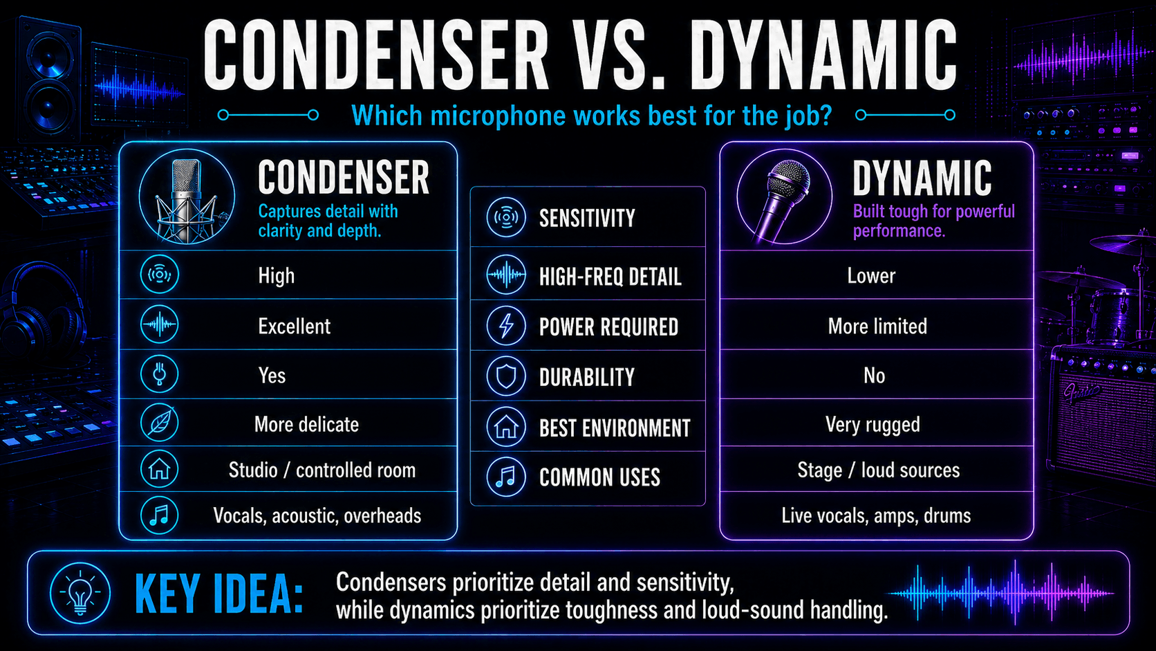 Side-by-side comparison of condenser and dynamic microphones covering sensitivity, high-frequency detail, power, durability, recording environment, and common uses.