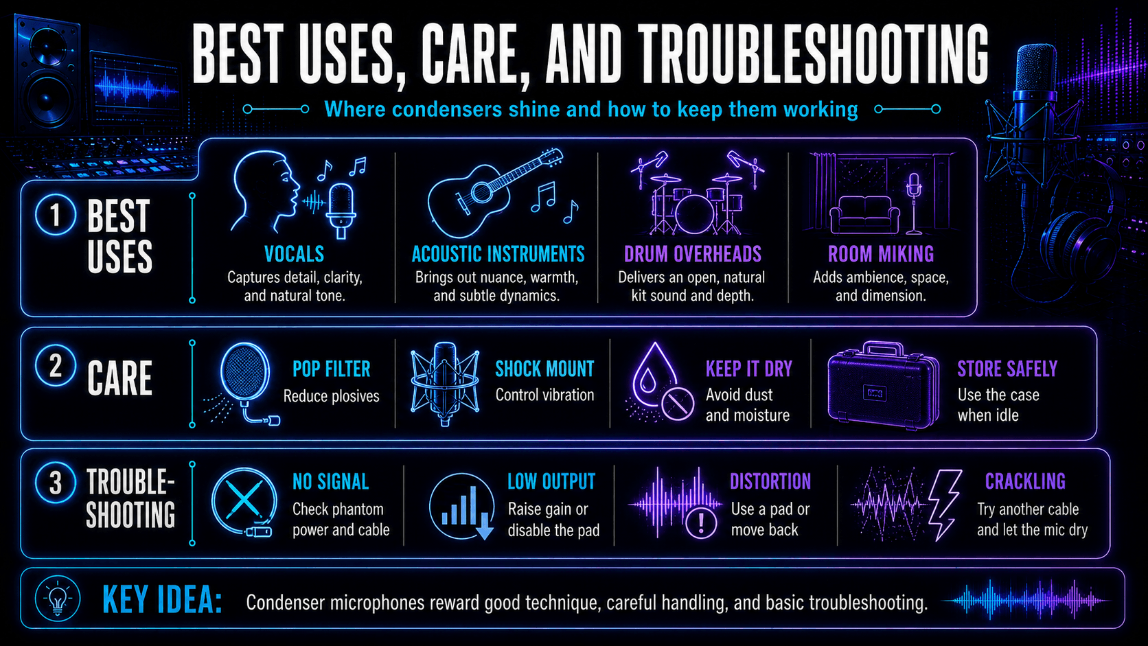 Infographic showing condenser microphone uses, maintenance tips, and solutions for no signal, low output, distortion, and crackling.