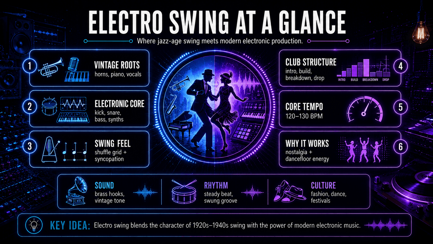 Electro swing overview showing vintage instruments, electronic beats, swing rhythm, club structure, tempo, sound, and culture.