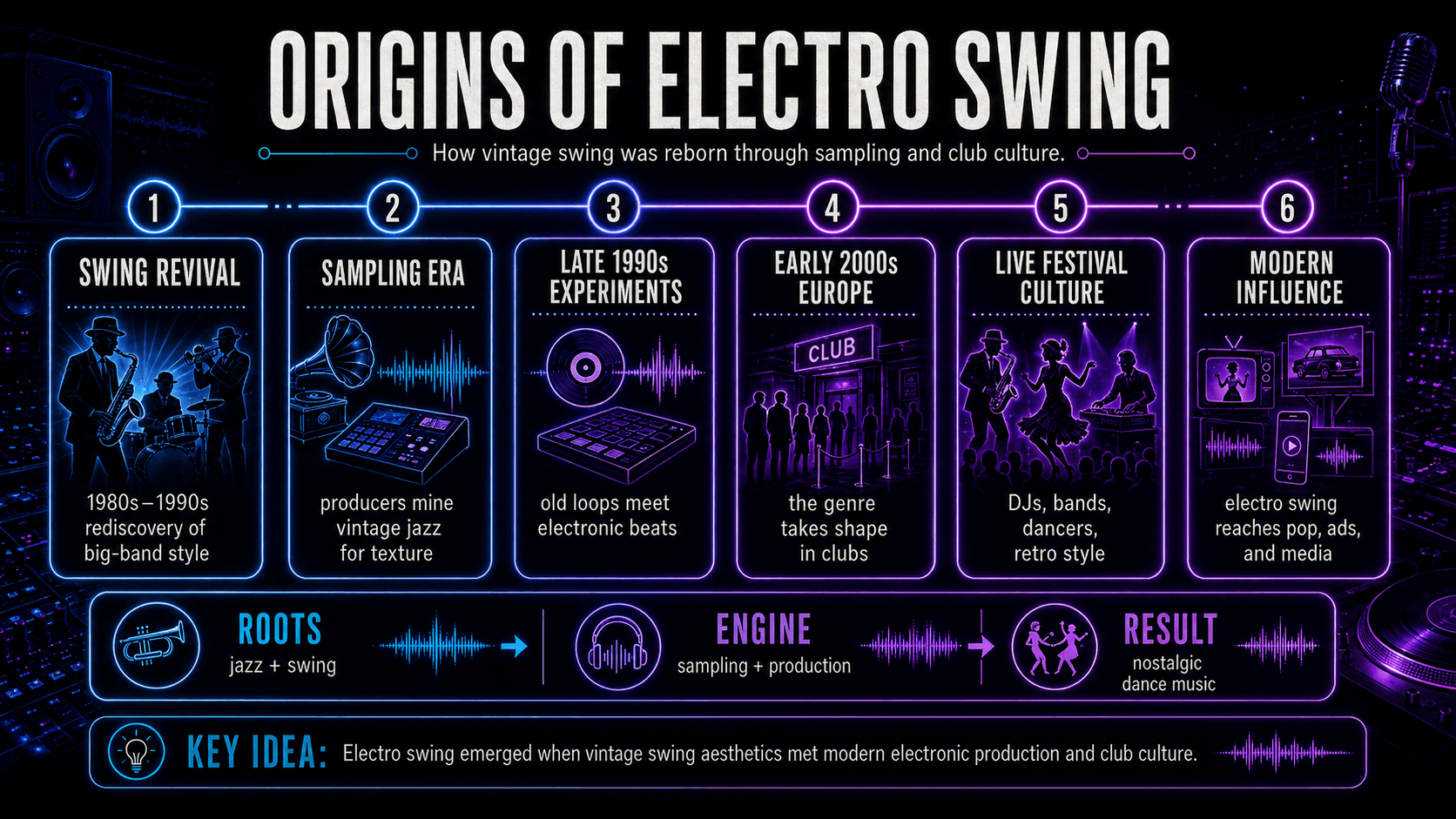 Timeline showing the origins of electro swing from the 1980s swing revival and sampling era to European clubs, festivals, and modern media.