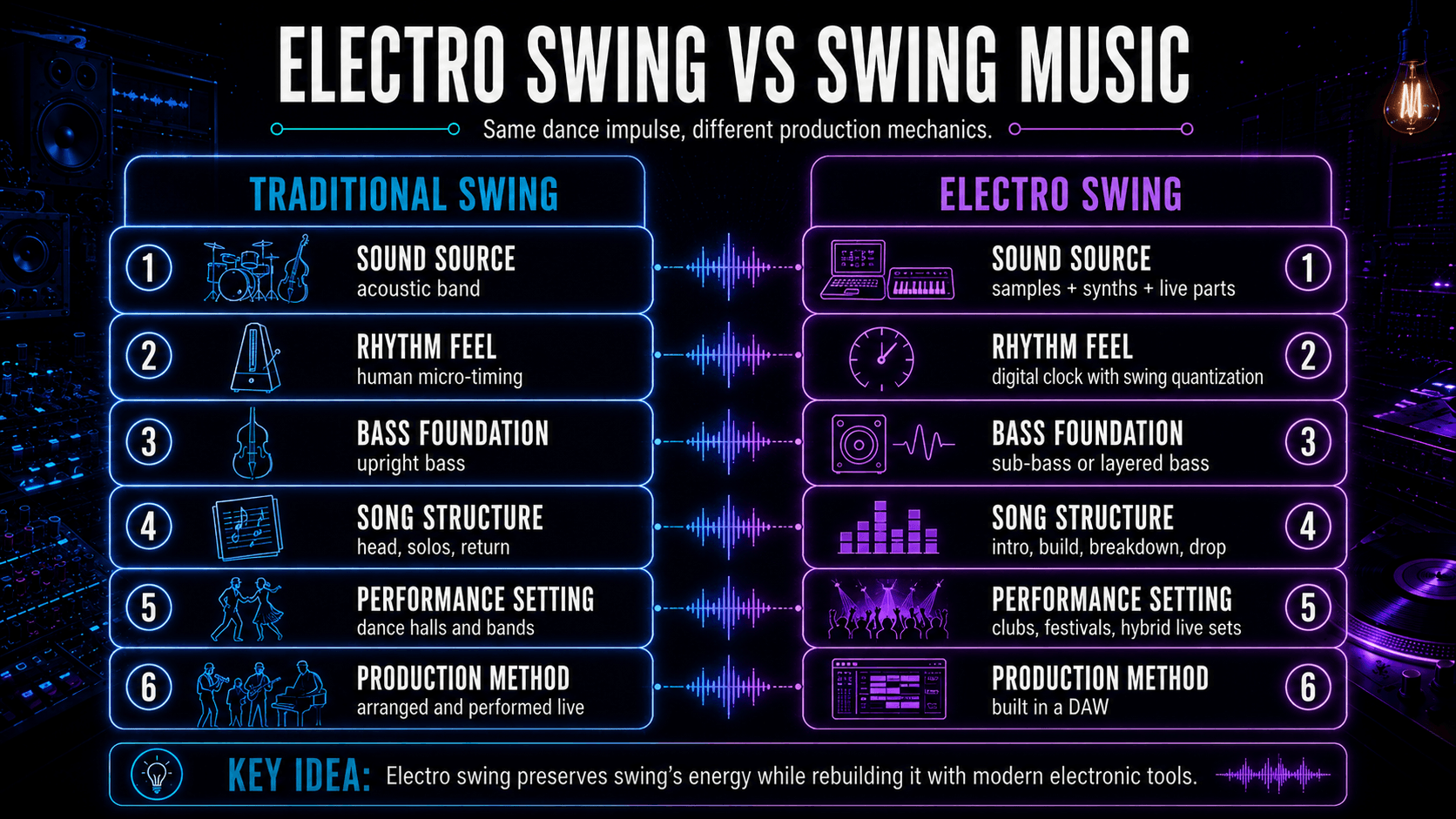 Comparison of traditional swing and electro swing by sound source, rhythm, bass, song structure, performance setting, and production method.