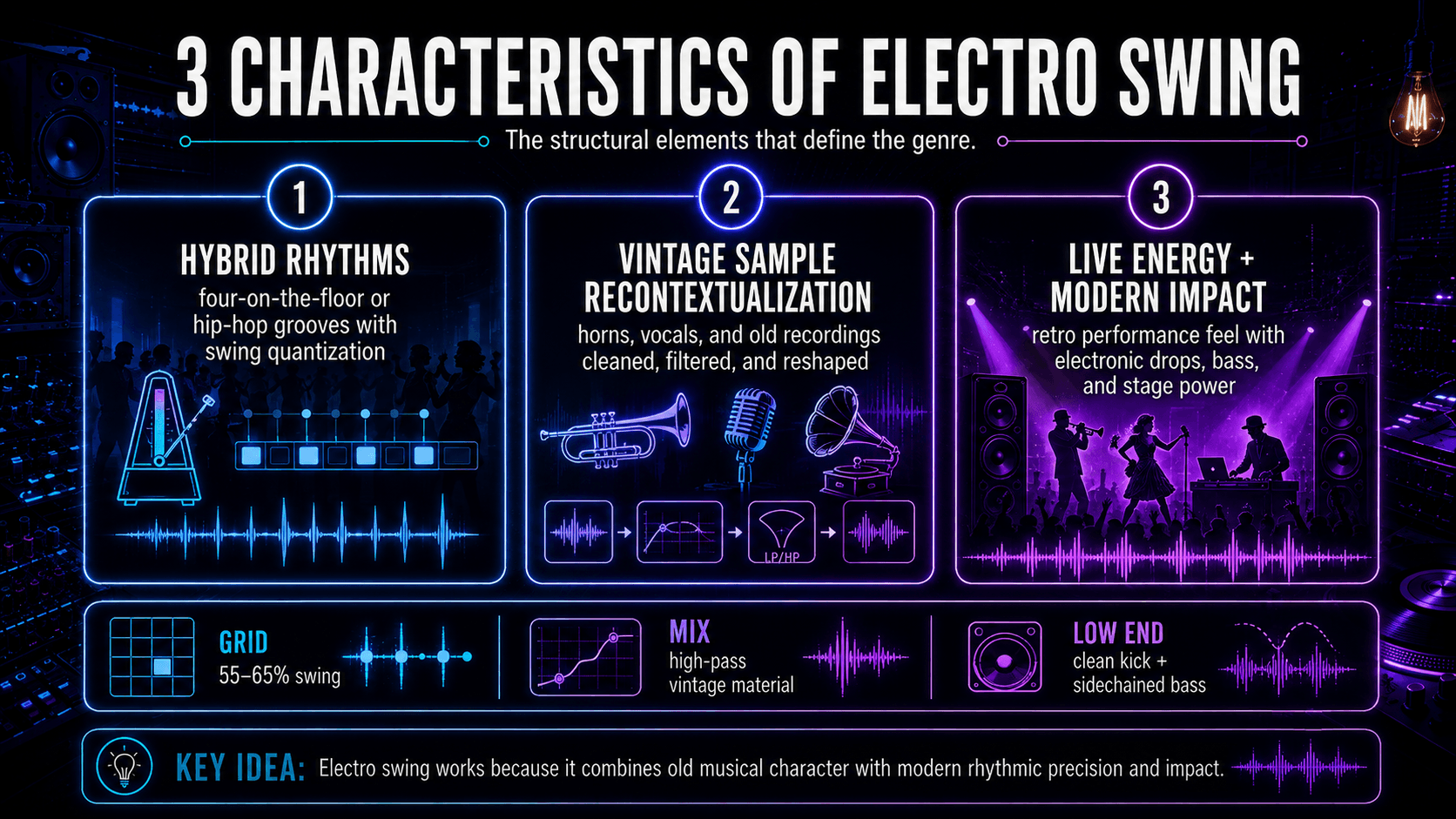 Three defining electro swing characteristics: swing-quantized rhythms, processed vintage samples, and live performance with electronic production.