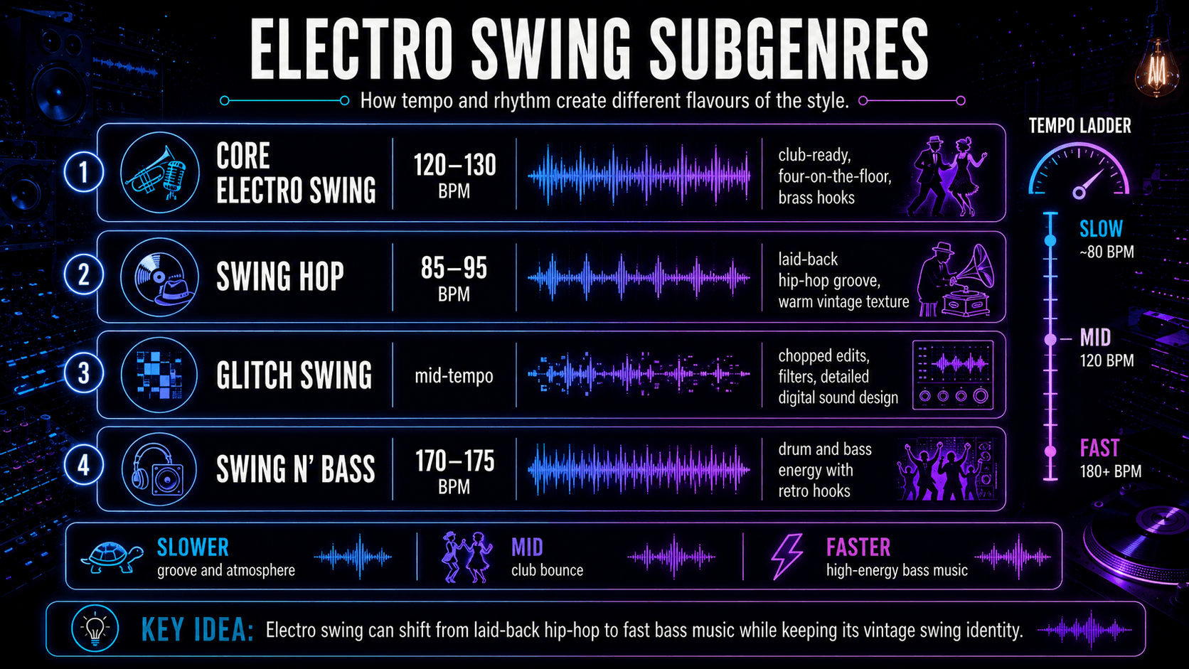 Electro swing subgenres compared by tempo and style, including core electro swing, swing hop, glitch swing, and swing n’ bass.