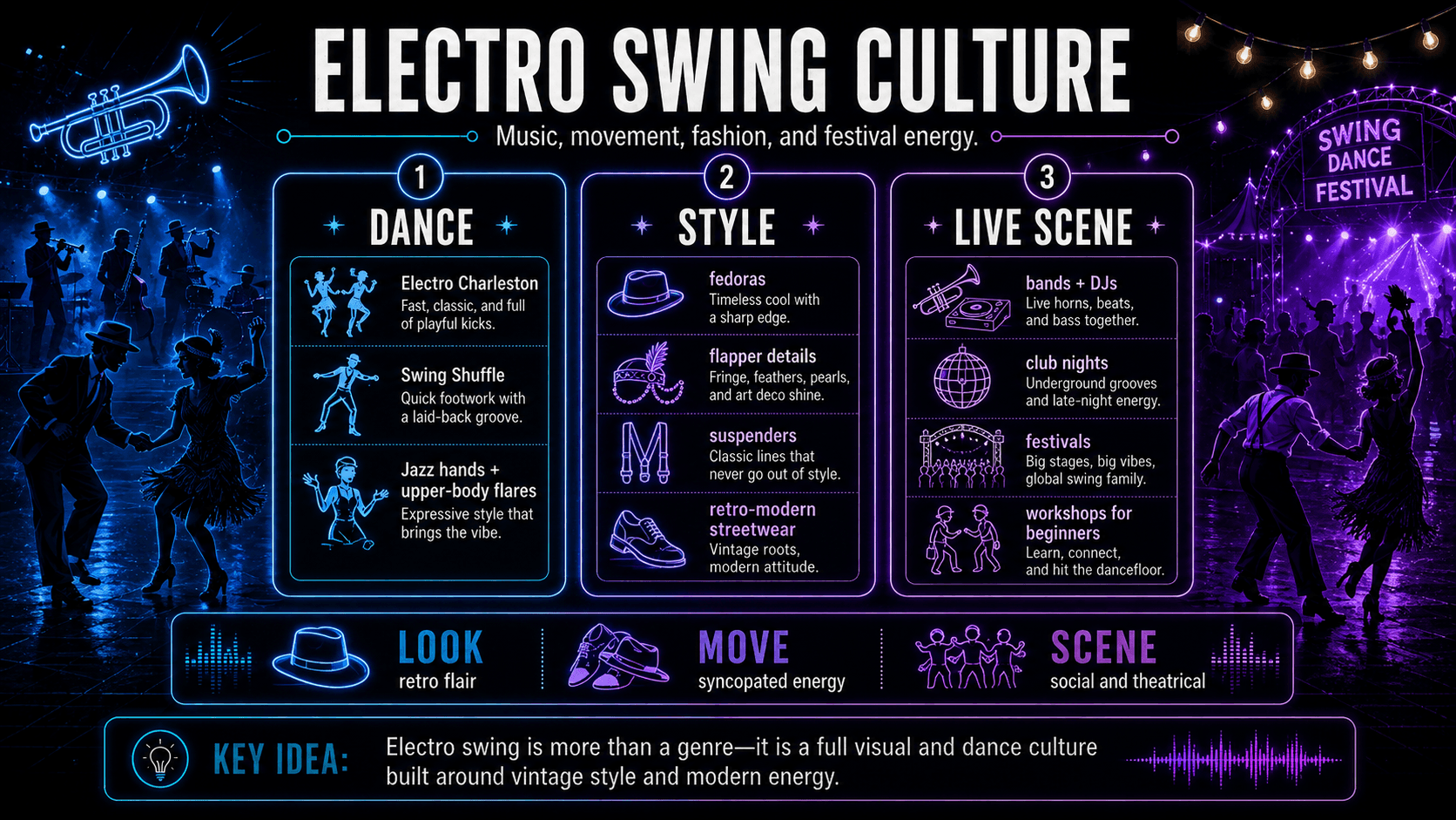 Electro swing culture infographic featuring Charleston dance, retro fashion, live bands, DJs, club nights, festivals, and beginner workshops.