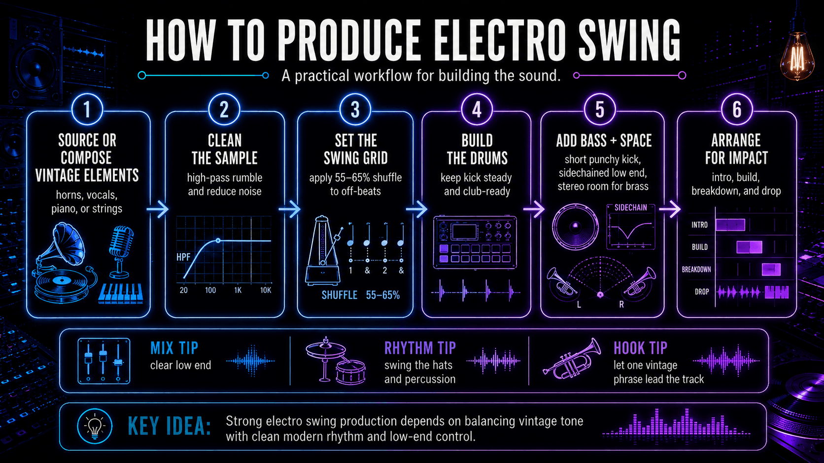 Electro swing production process covering vintage elements, sample cleaning, swing quantization, drums, bass, stereo space, and arrangement.