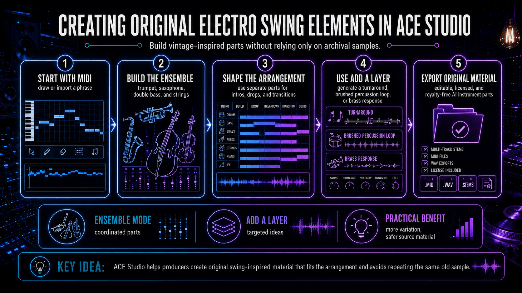 ACE Studio process for creating electro swing with MIDI, AI instrument ensembles, arrangement editing, Add a Layer, and royalty-free exports.