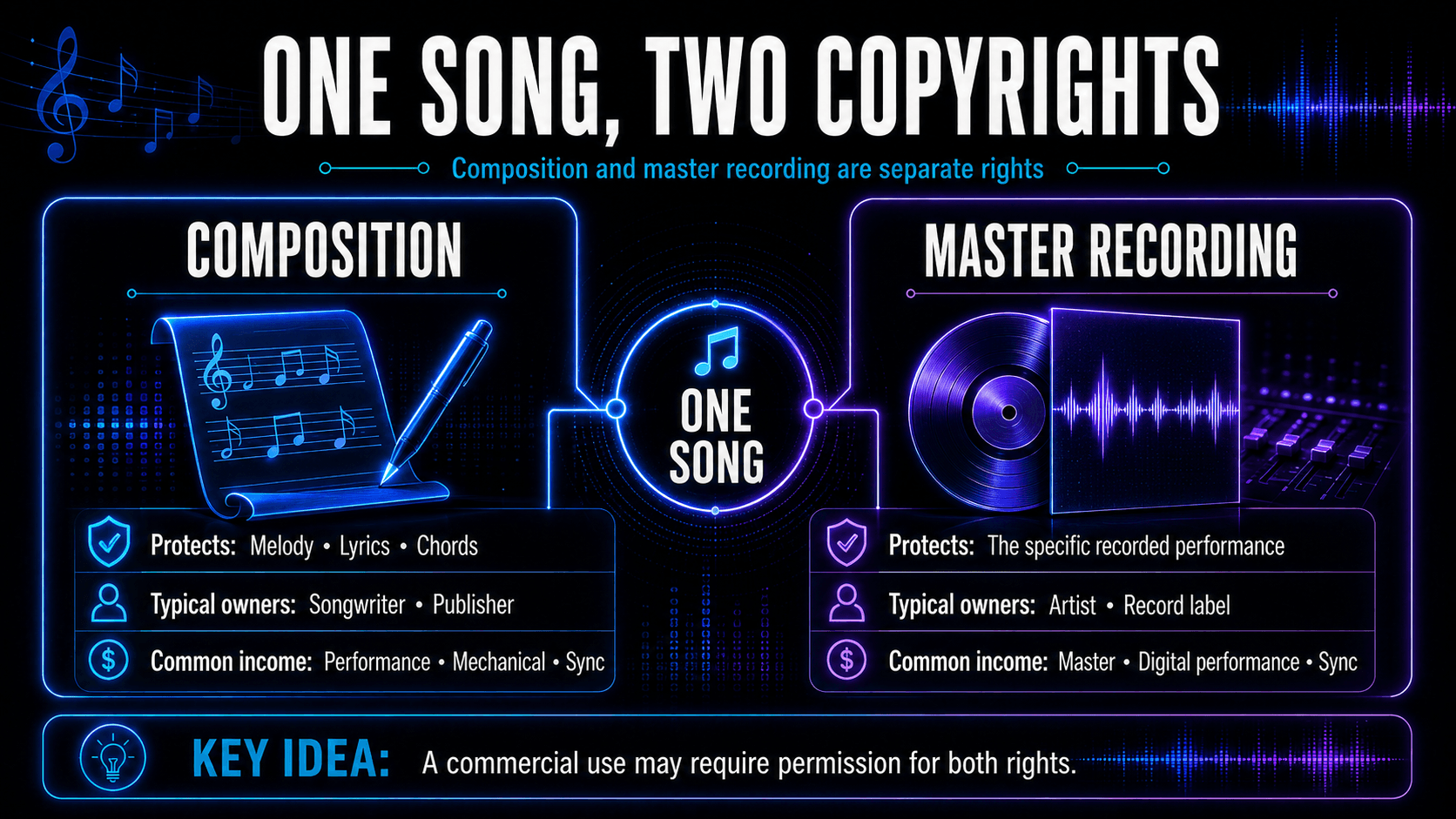 Comparison of composition and master recording rights, including what each protects, typical owners, and related income streams.