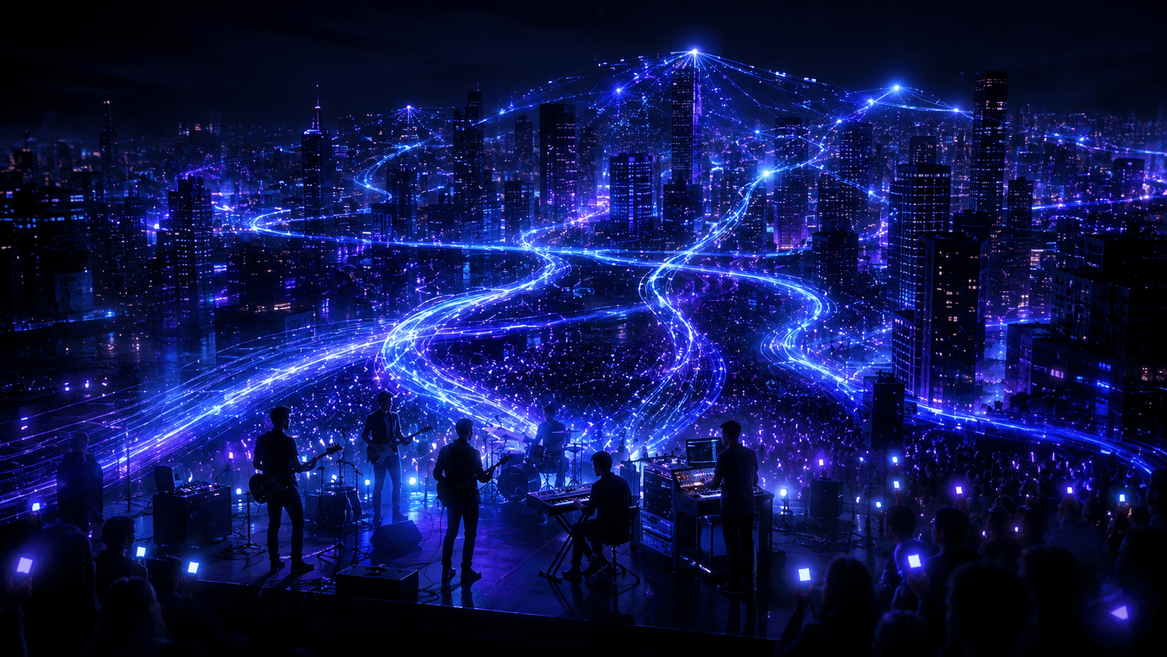 Band performing before a large audience as glowing digital pathways spread from the concert stage across a futuristic city.