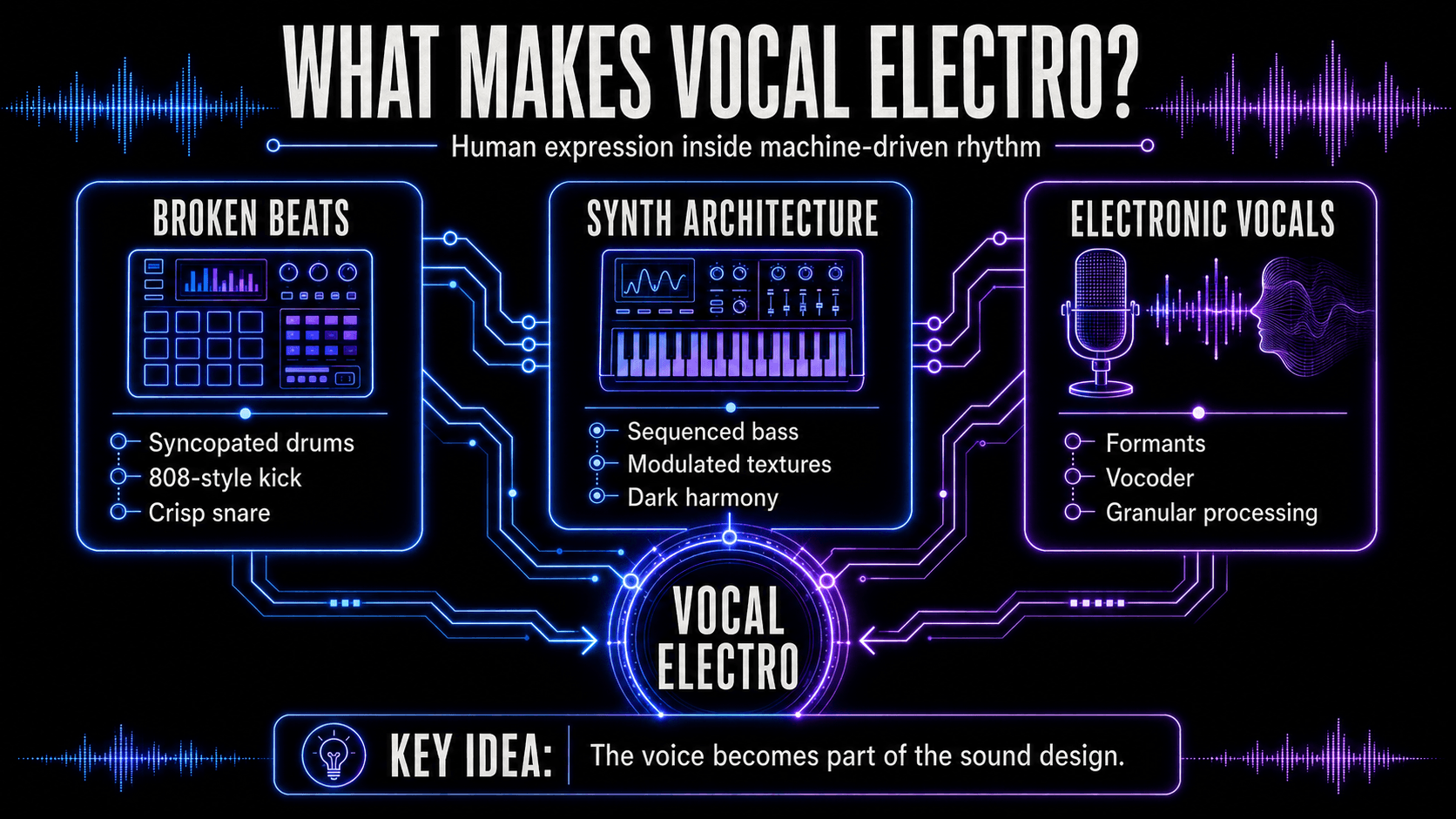 Diagram showing vocal electro built from syncopated beats, sequenced synth textures, and vocals processed with formants, vocoders, and granular effects.