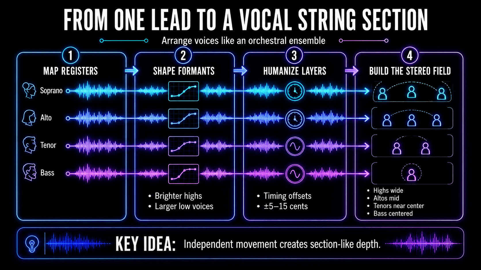 Four-step workflow for arranging soprano, alto, tenor, and bass layers through register mapping, formant shaping, humanization, and stereo placement.