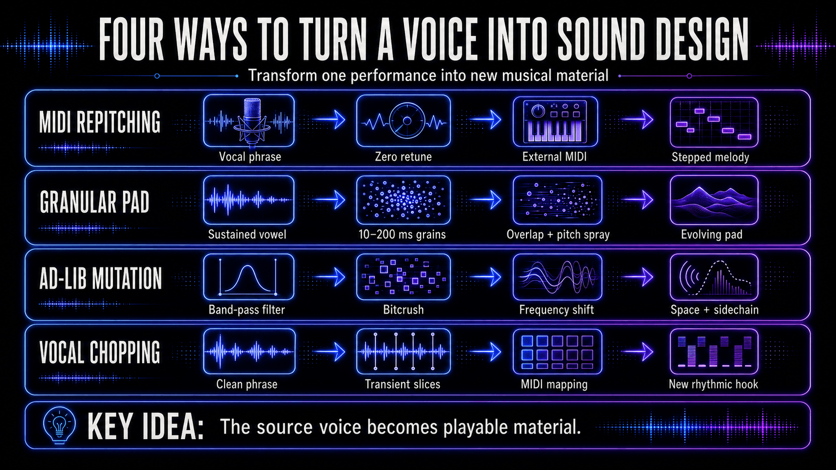 Four vocal sound-design workflows showing MIDI repitching for melodies, granular processing for pads, ad-lib effects for textures, and vocal chopping for rhythmic hooks.