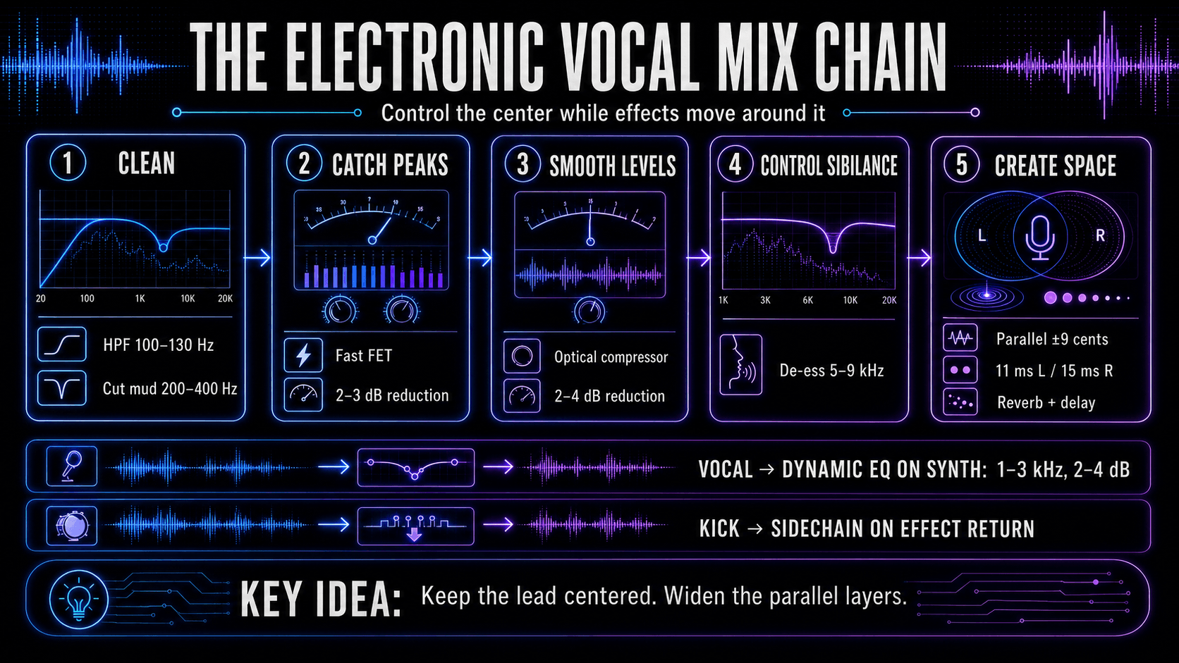 Electronic vocal mixing chain using corrective EQ, peak compression, level smoothing, de-essing, stereo widening, reverb, delay, dynamic EQ, and sidechaining.