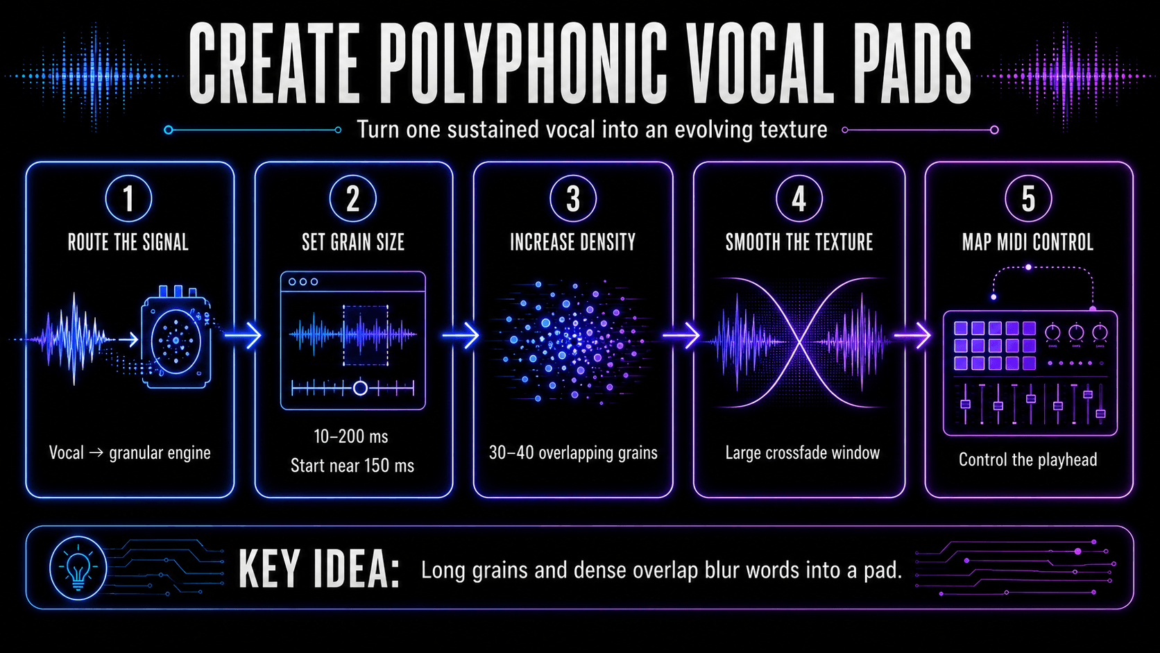 Five-step granular vocal workflow covering signal routing, grain size, grain density, crossfading, and MIDI control for evolving vocal pads.