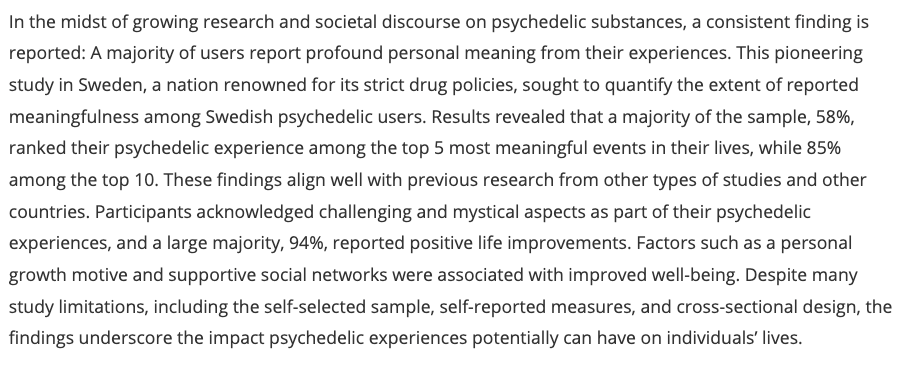 Spotlight: Unveiling Psychedelics: One of the Most Meaningful Events in Life Associated with Improved Well-Being in Swedish Users (Kajonius, et al, 2025)