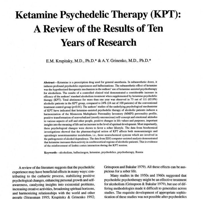 Spotlight: Ketamine Psychedelic Therapy: Review of the Results of Ten Years of Research (Krupitsky & Grinenko, 1997)