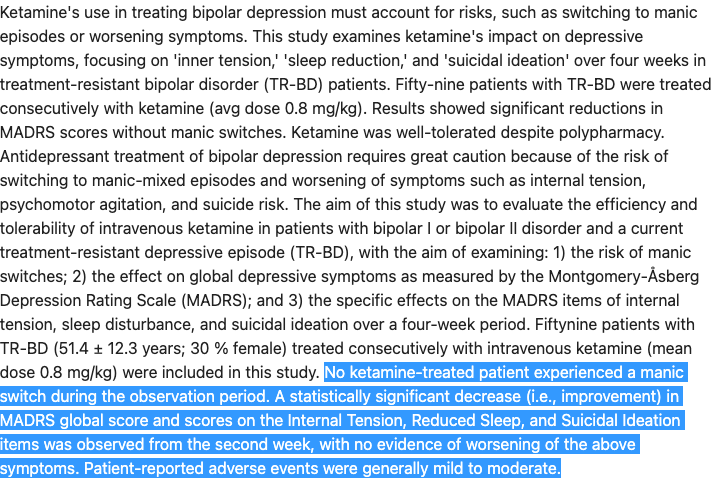 Spotlight: Symptom modulation and tolerability of intravenous ketamine in treatment-resistant bipolar depression: A retrospective study (Cuomo, et al, 2025)