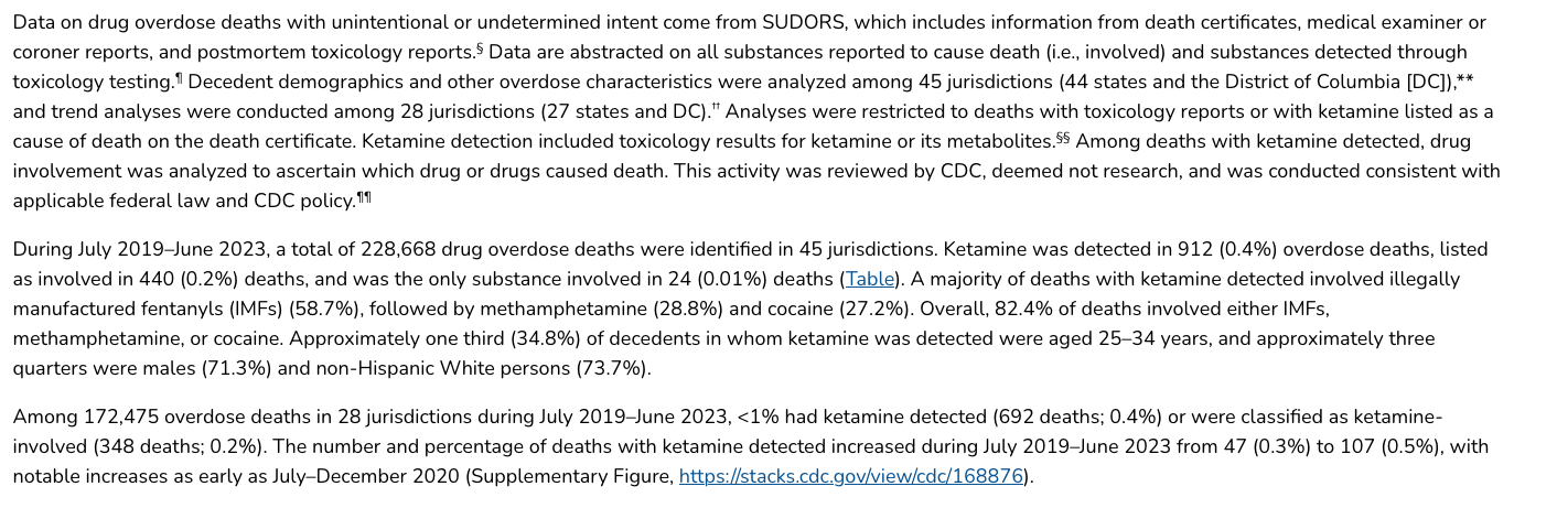 Spotlight: Notes from the Field: Ketamine Detection and Involvement in Drug Overdose Deaths — United States, July 2019–June 2023