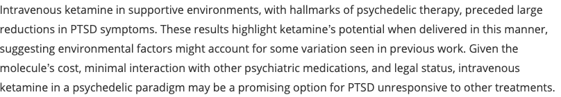 Spotlight: Rapid and sustained reduction of treatment-resistant PTSD symptoms after intravenous ketamine in a real-world, psychedelic paradigm (MacConnel, et al, 2024)