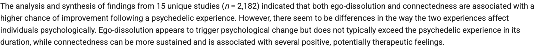 Spotlight: Being no one, being One: The role of ego-dissolution and connectedness in the therapeutic effects of psychedelic experience (Kałużna, et al, 2022)