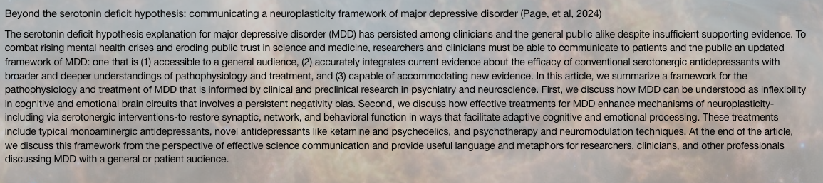 Spotlight: Beyond the serotonin deficit hypothesis: communicating a neuroplasticity framework of major depressive disorder (Page, et al, 2024)