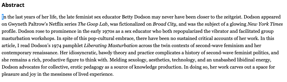 Spotlight "Pedagogy, Politics, and Betty Dodson’s Liberating Masturbation" (Sutton, 2024)