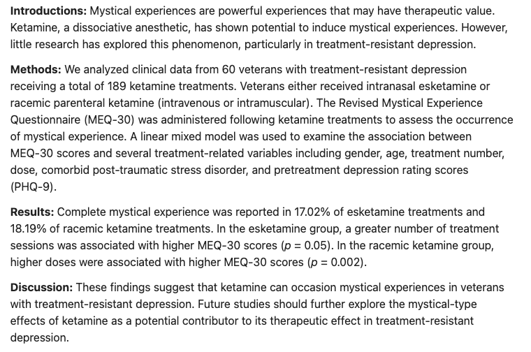 Spotlight: Ketamine-Occasioned Mystical Experience in Veterans with Treatment-Resistant Depression: A Retrospective Exploratory Analysis (Bhatt, et al, 2025)
