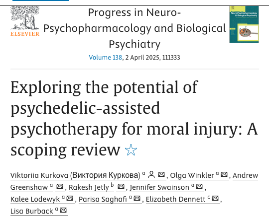 Spotlight: Exploring the potential of psychedelic-assisted psychotherapy for moral injury: A scoping review (Kerkova, et al, 2025)