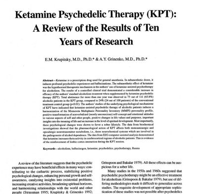 Spotlight: Ketamine Psychedelic Therapy: Review of the Results of Ten Years of Research (Krupitsky & Grinenko, 1997)