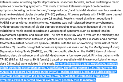 Spotlight: Symptom modulation and tolerability of intravenous ketamine in treatment-resistant bipolar depression: A retrospective study (Cuomo, et al, 2025)