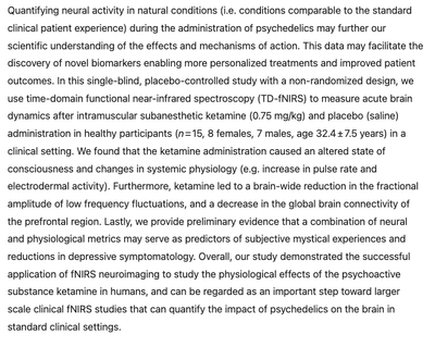Spotlight: Measuring acute effects of subanesthetic ketamine on cerebrovascular hemodynamics in humans using TD-fNIRS (Castillo, et al, 2023)