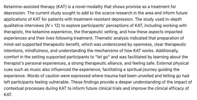 Spotlight: Understanding the Experience of Ketamine-Assisted Therapy and the Importance of Context (Stockwell, et al, 2025) Comprender la experiencia de la terapia asistida por ketamina y la importancia del contexto