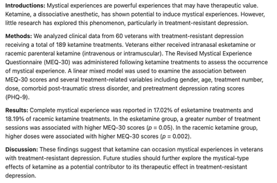 Spotlight: Ketamine-Occasioned Mystical Experience in Veterans with Treatment-Resistant Depression: A Retrospective Exploratory Analysis (Bhatt, et al, 2025)