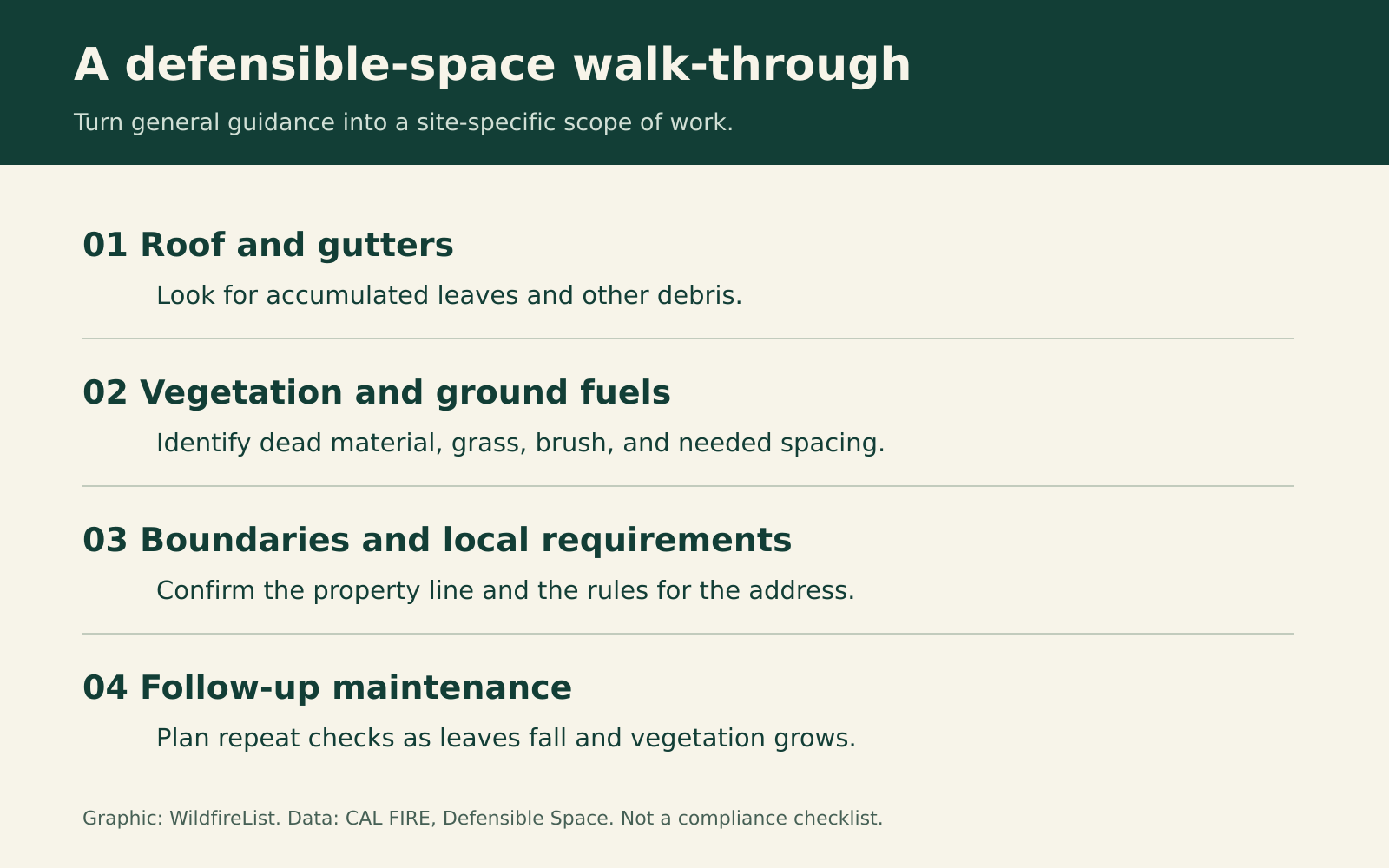 WildfireList graphic listing roof and gutter checks, vegetation, boundaries, and follow-up maintenance.