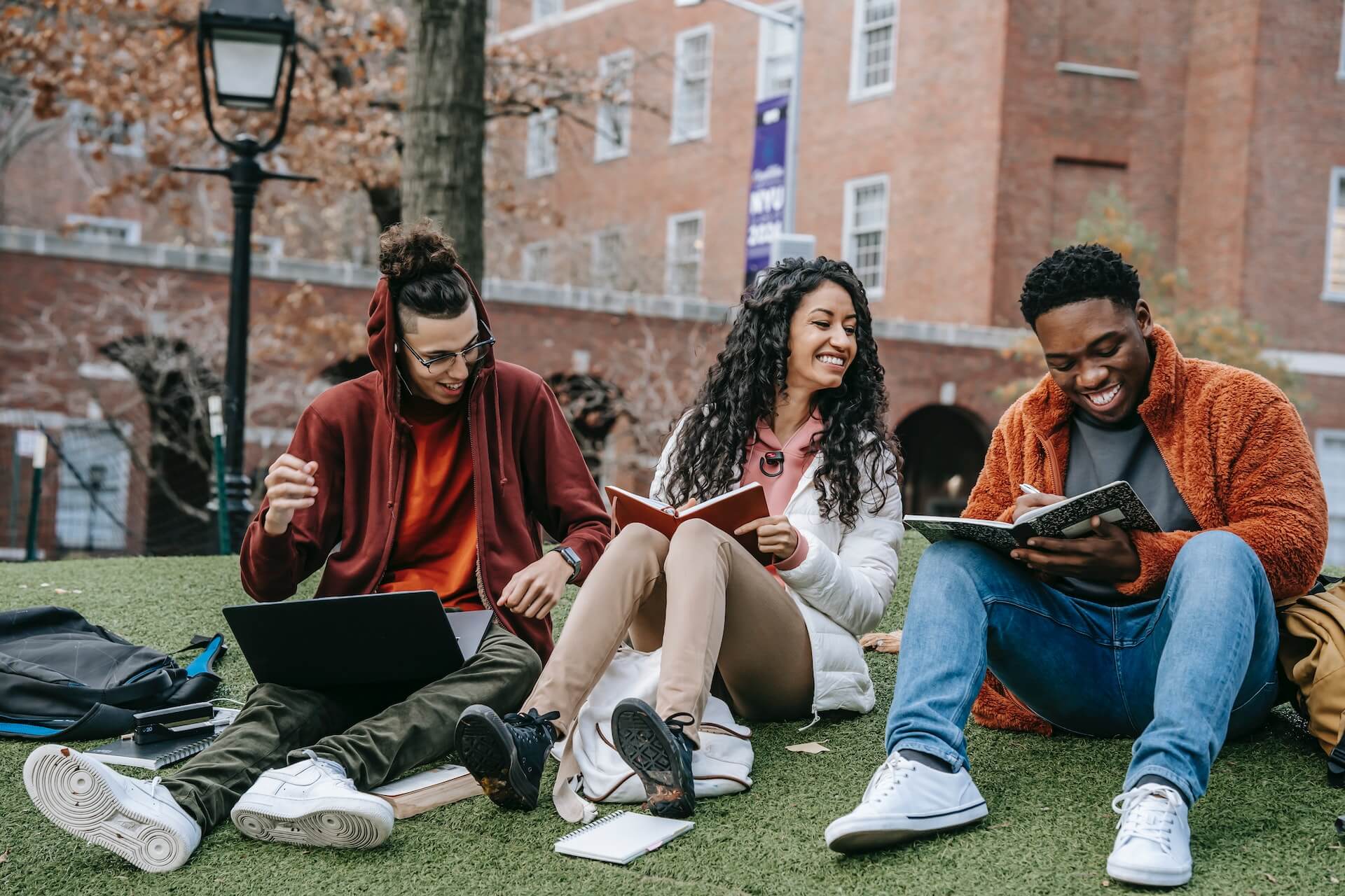 College students studying on the lawn together