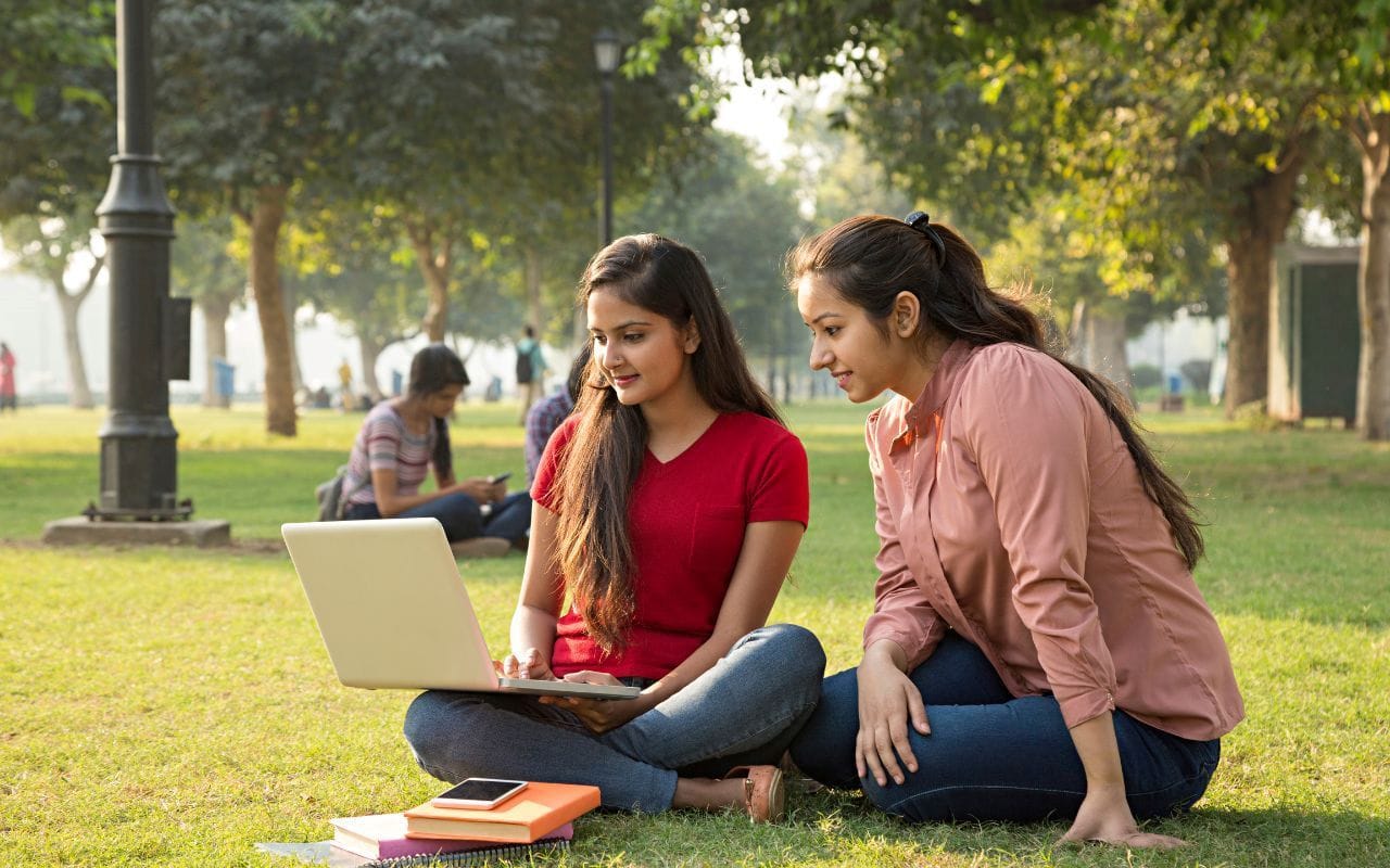college girls studying on campus