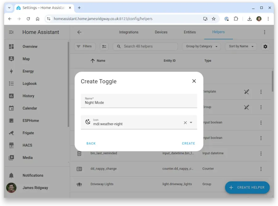 Creating a toggle helper for Night Mode in Home Assistant