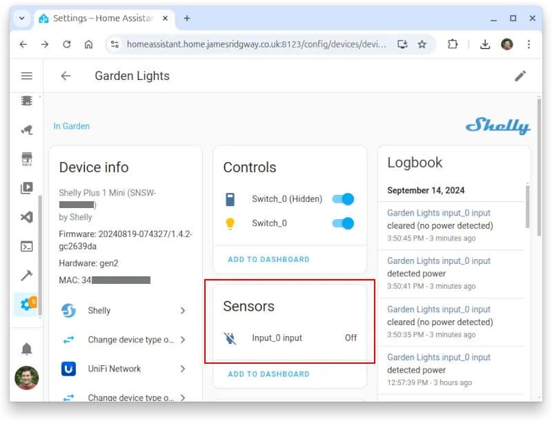 Home Assistant device settings for the Shelly Plus 1 Mini