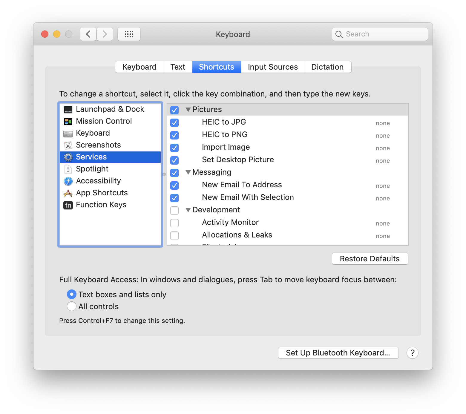 Mac OS X services preferences window