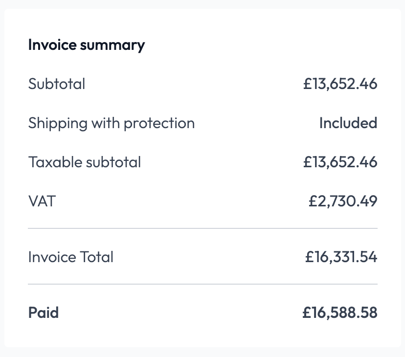 Invoice summary from my largest single Qogita order, a full pallet of Paco Rabanne.