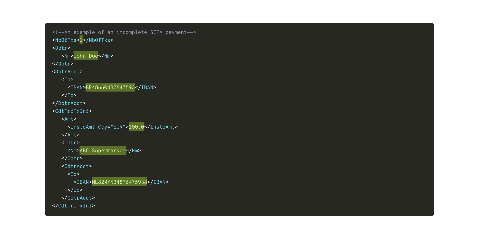 An XML example of a SEPA payment that includes pre-determined XML tags as well as values that change for every payment.