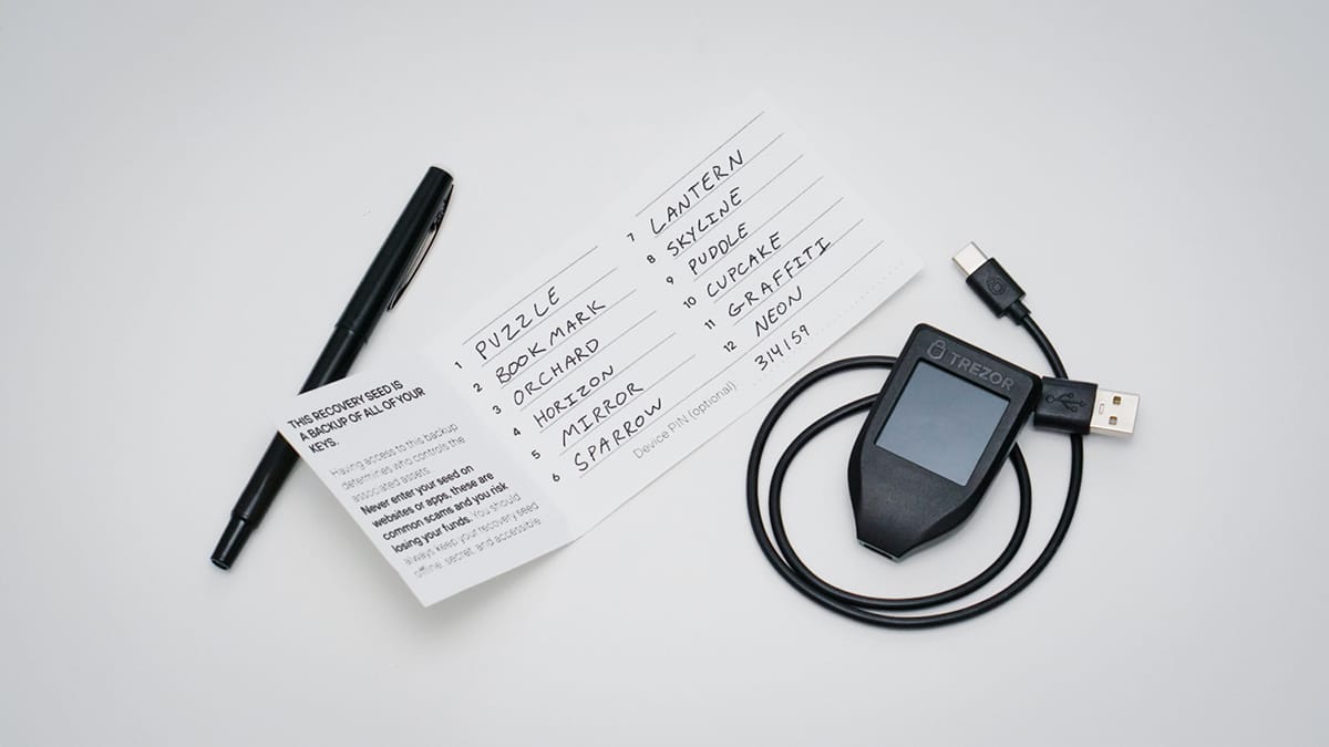 Trezor hardware wallet seed phrase example 