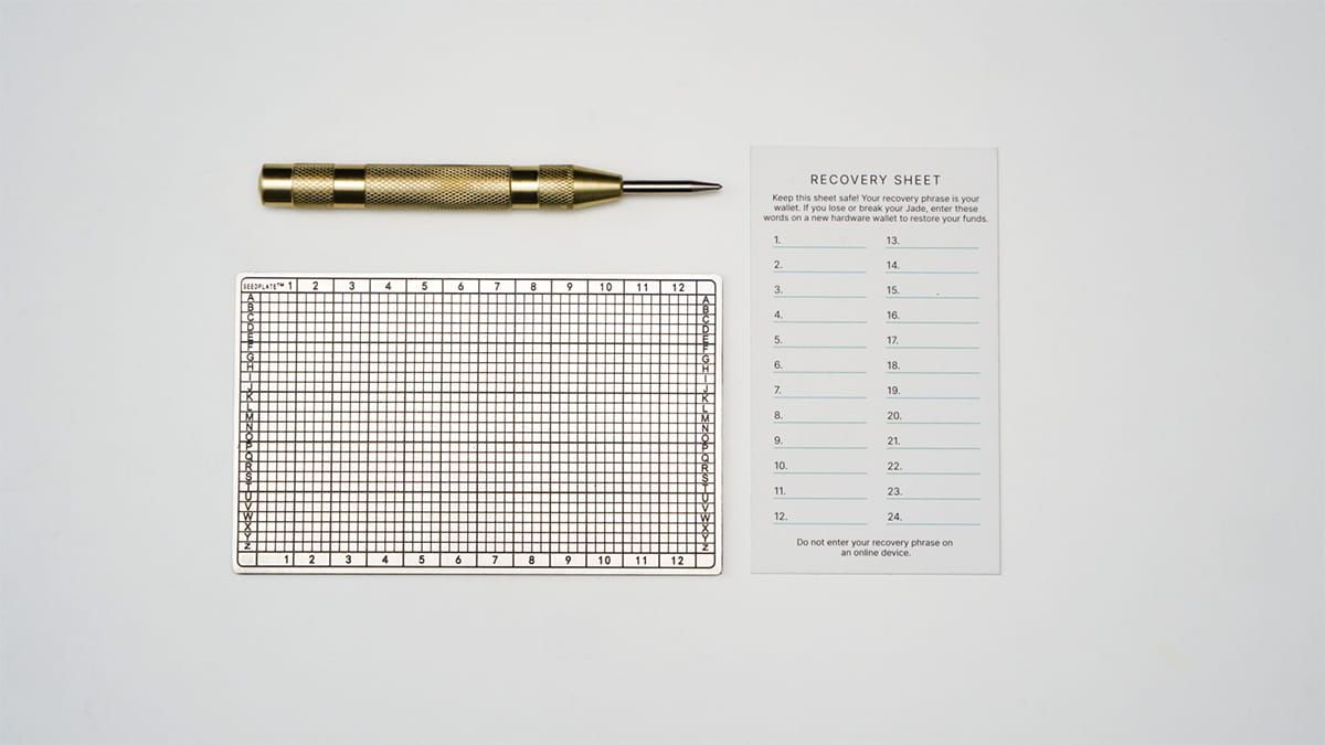 Bitcoin seed phrase metal plate and paper recovery sheet