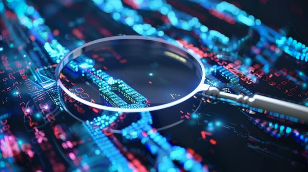 KYC magnifying glass examining a blockchain 