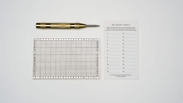 Bitcoin seed phrase metal plate and paper recovery sheet